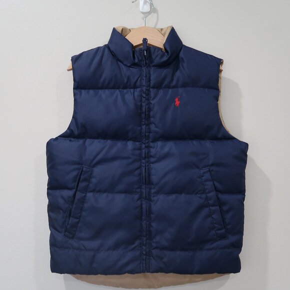 Polo Ralph Lauren Boys Reversible Down Puffer Vest Navy Tan 4T Lightweight - Picture 1 of 6